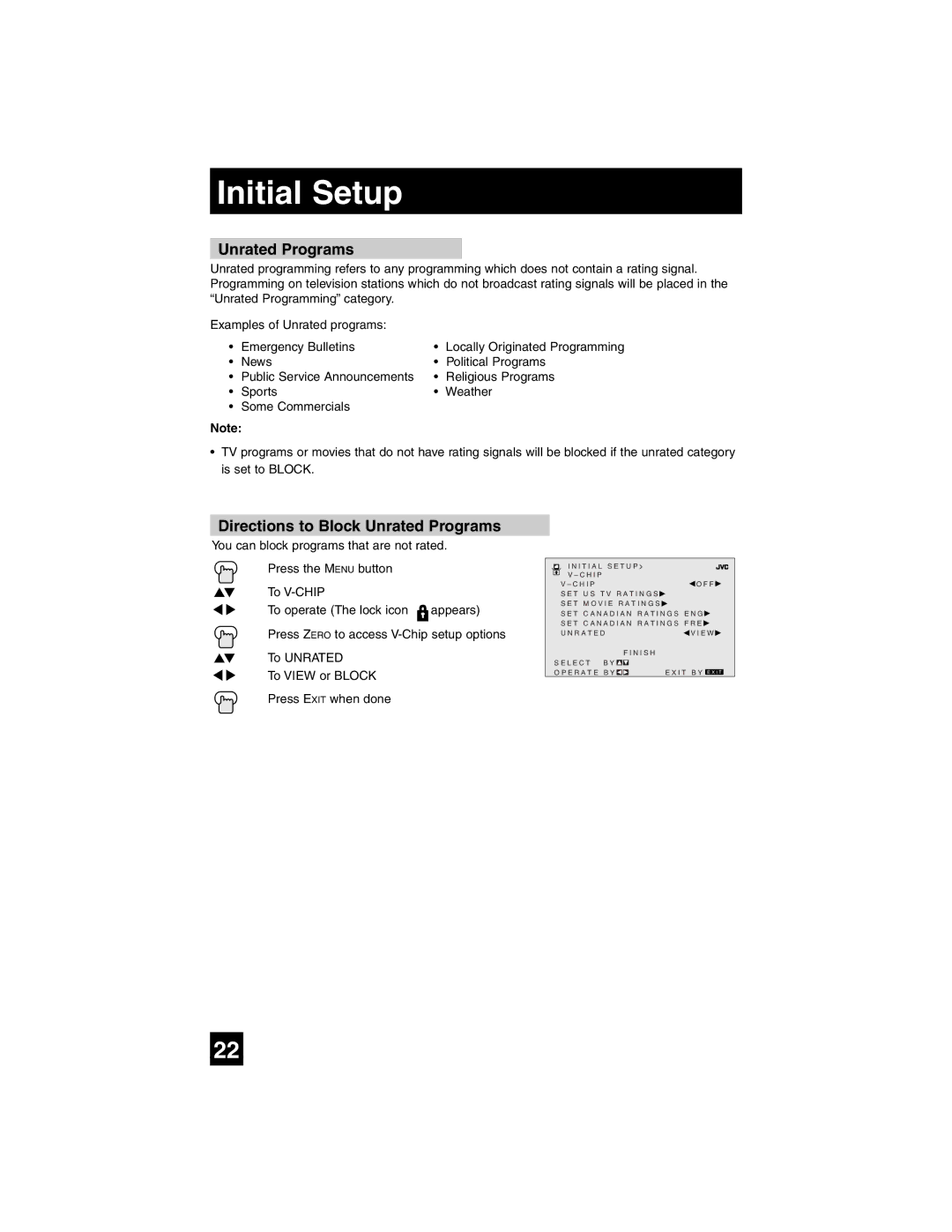 JVC AV-27SF35, AV-32SF35, AV-27CF35, AV-32CF35, AV-27WF35, AV-32WF35 manual Directions to Block Unrated Programs 