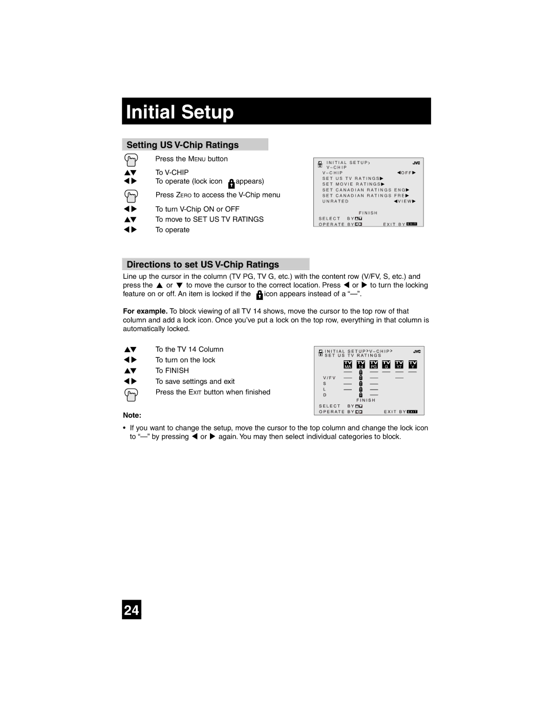 JVC AV-27SF35 manual Setting US V-Chip Ratings, Directions to set US V-Chip Ratings 