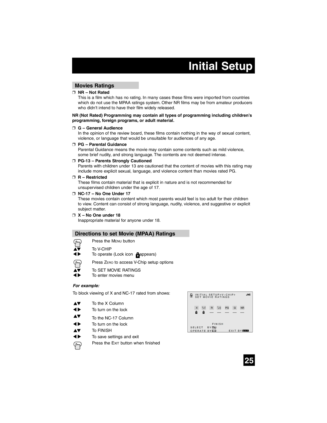 JVC AV-27SF35, AV-32SF35, AV-27CF35, AV-32CF35, AV-27WF35, AV-32WF35 Movies Ratings, Directions to set Movie Mpaa Ratings 