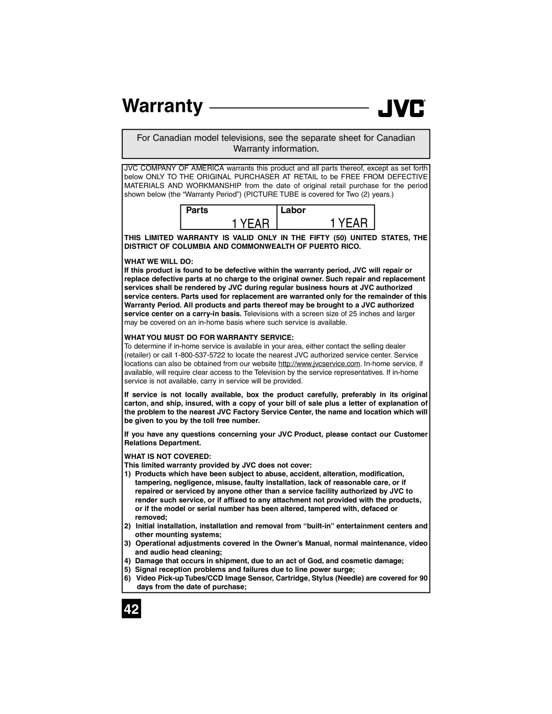 JVC AV-27SF35, AV-32SF35, AV-27CF35, AV-32CF35, AV-27WF35, AV-32WF35 manual Parts, Labor 