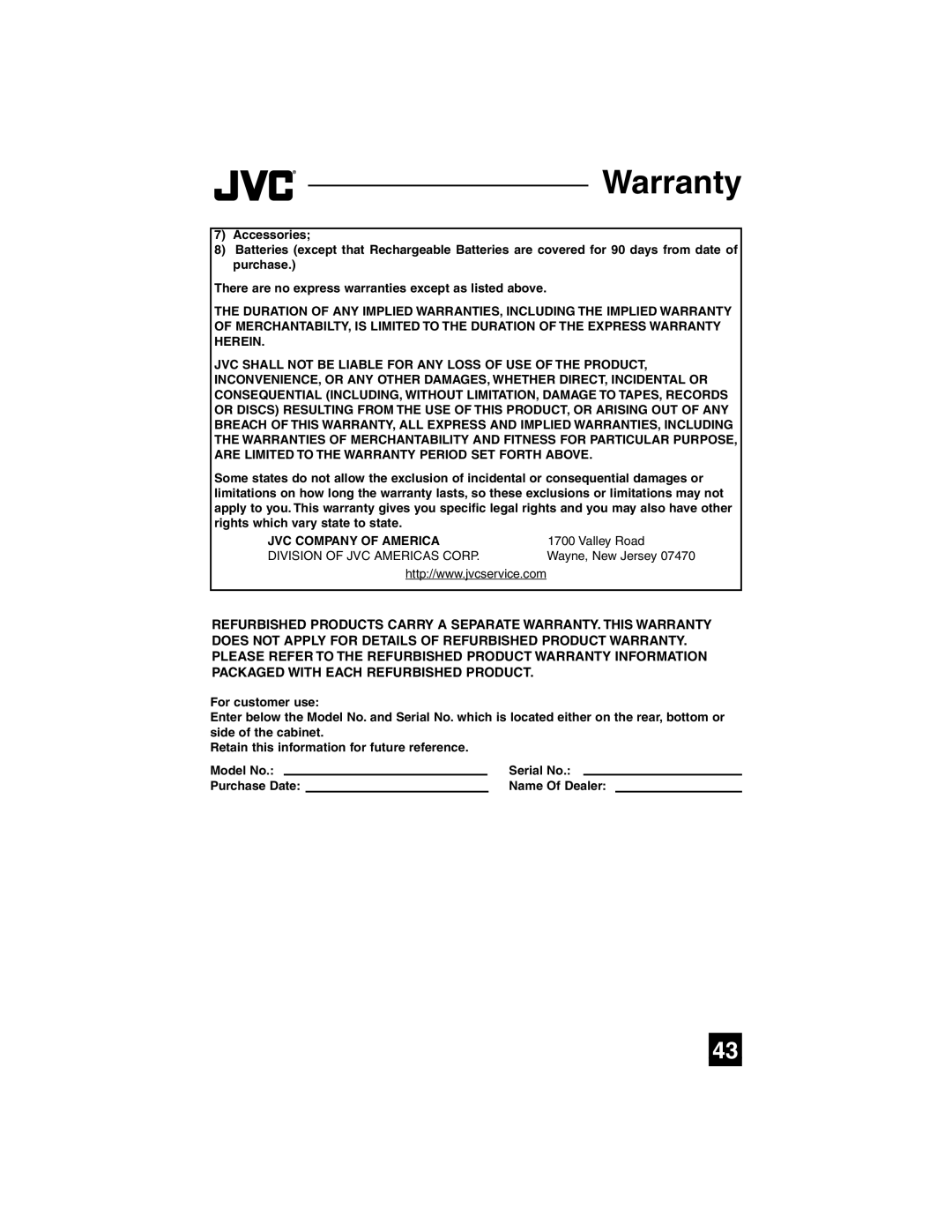 JVC AV-27SF35, AV-32SF35, AV-27CF35, AV-32CF35, AV-27WF35, AV-32WF35 manual JVC Company of America 