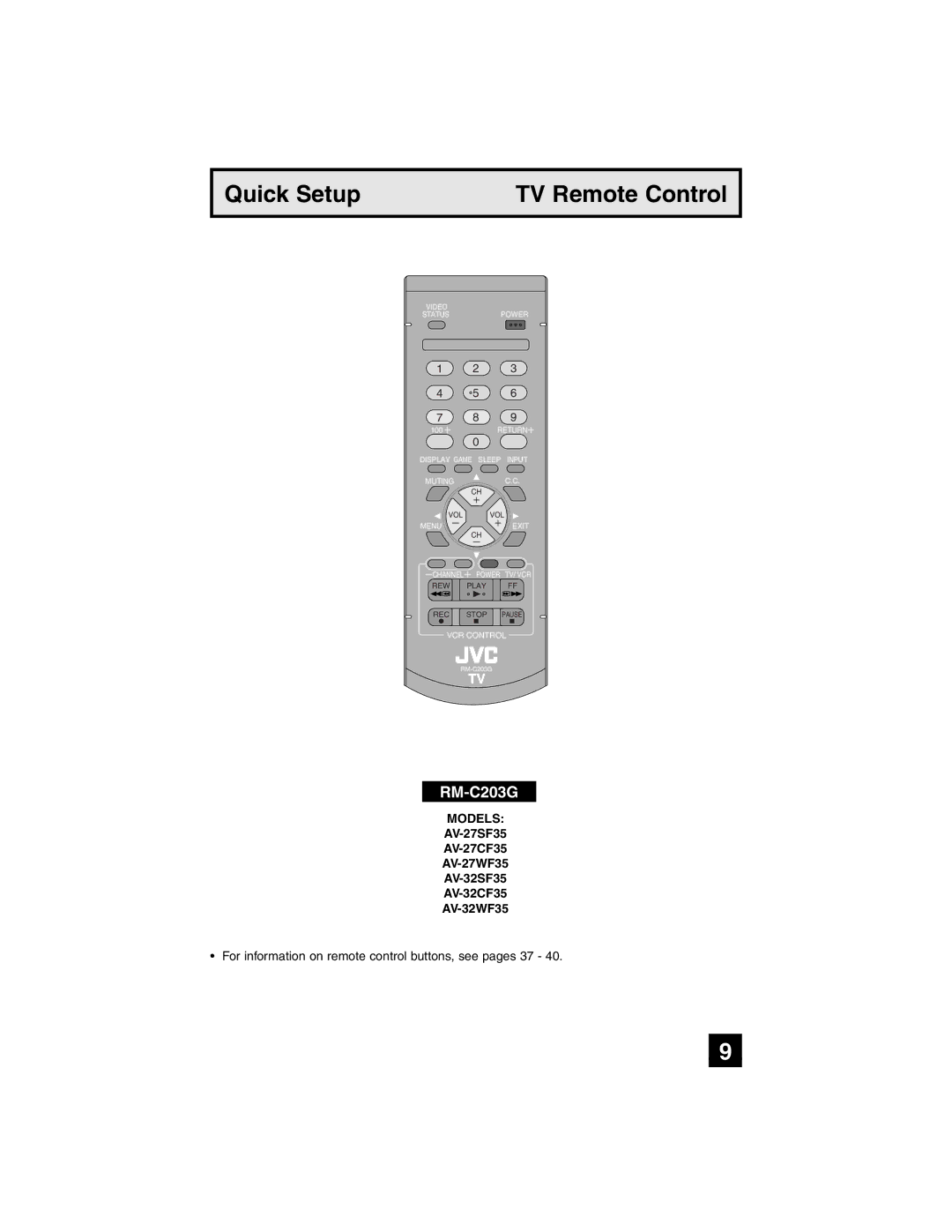 JVC AV-27SF35, AV-32SF35, AV-27CF35, AV-32CF35, AV-27WF35, AV-32WF35 manual Quick Setup TV Remote Control, RM-C203G 