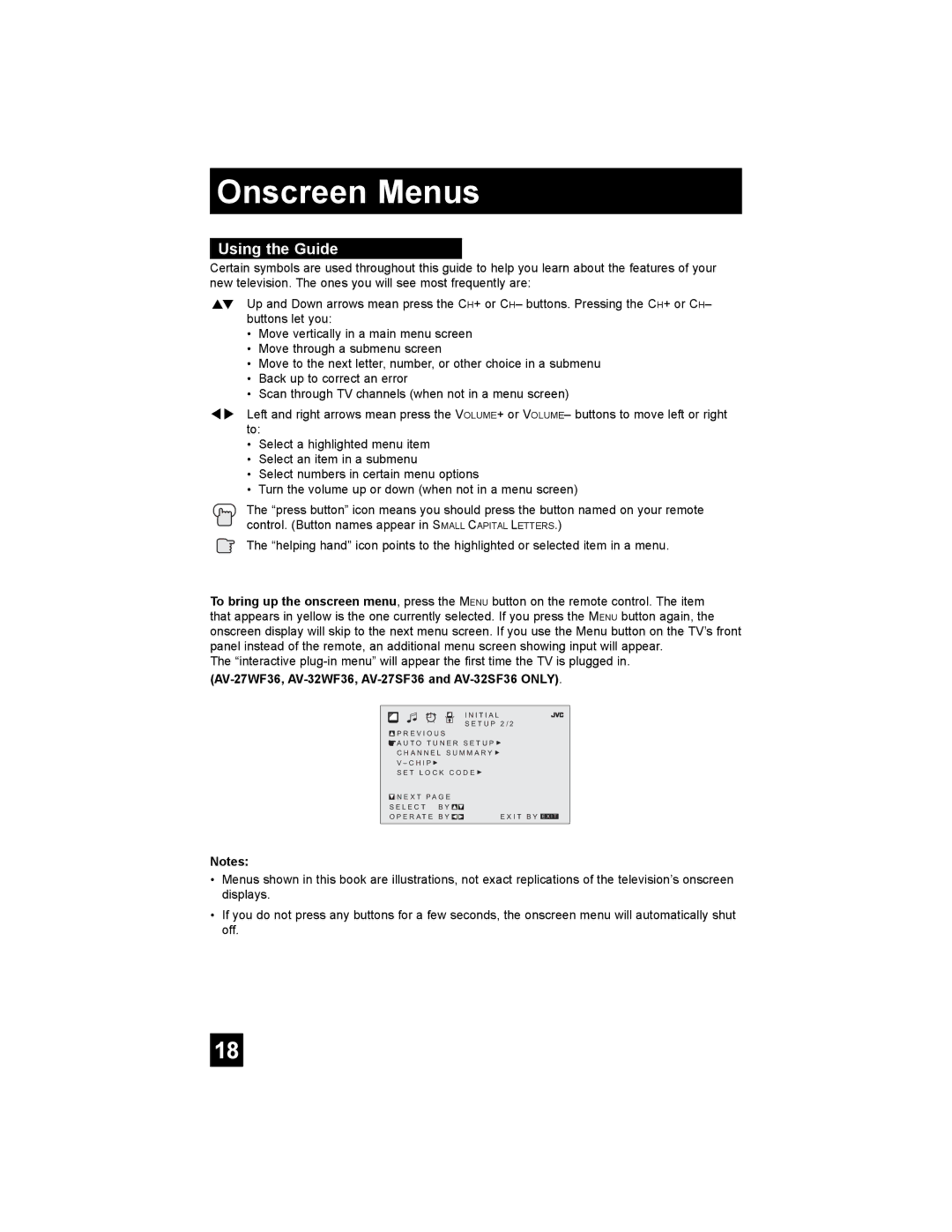 JVC AV-32CF36 manual Onscreen Menus, Using the Guide, AV-27WF36, AV-32WF36, AV-27SF36 and AV-32SF36 only 