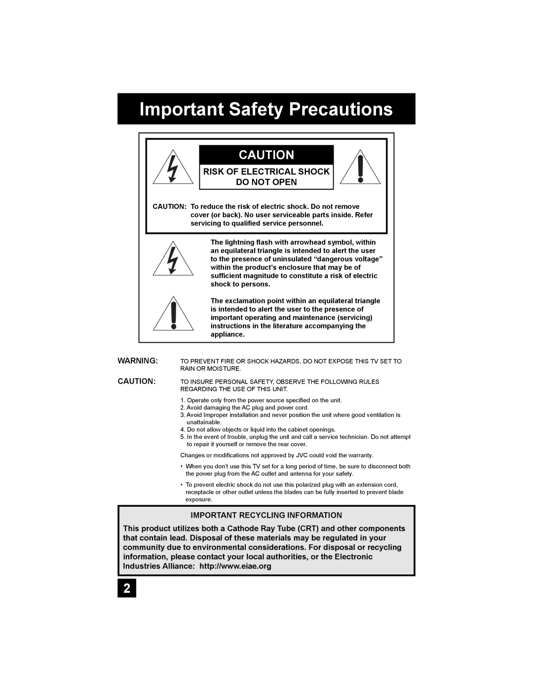 JVC AV-27WF36, V-32WF36, AV-27SF36, AV-32SF36, AV-27CF36, AV-32CF36 manual Important Safety Precautions 