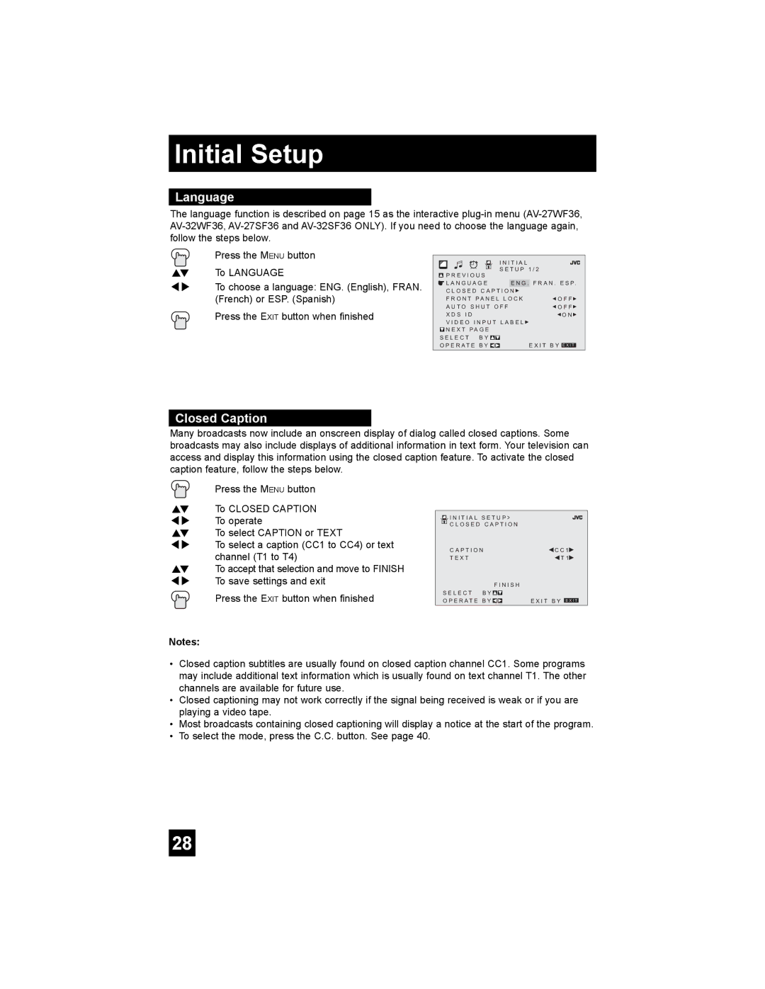 JVC AV-27WF36, V-32WF36, AV-27SF36, AV-32SF36, AV-27CF36, AV-32CF36 manual Language, Closed Caption 