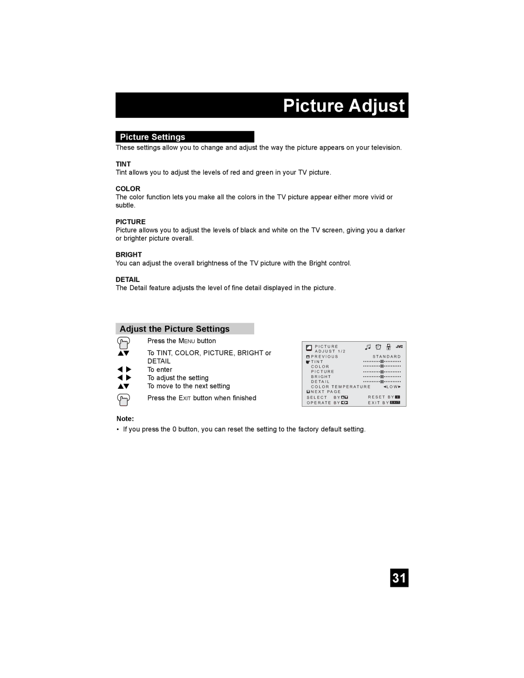 JVC AV-32CF36, AV-27WF36 manual Picture Adjust, Adjust the Picture Settings 