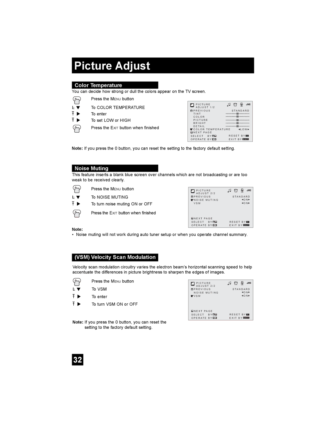 JVC AV-27WF36, V-32WF36, AV-27SF36, AV-32SF36, AV-27CF36, AV-32CF36 manual Color Temperature, Noise Muting 