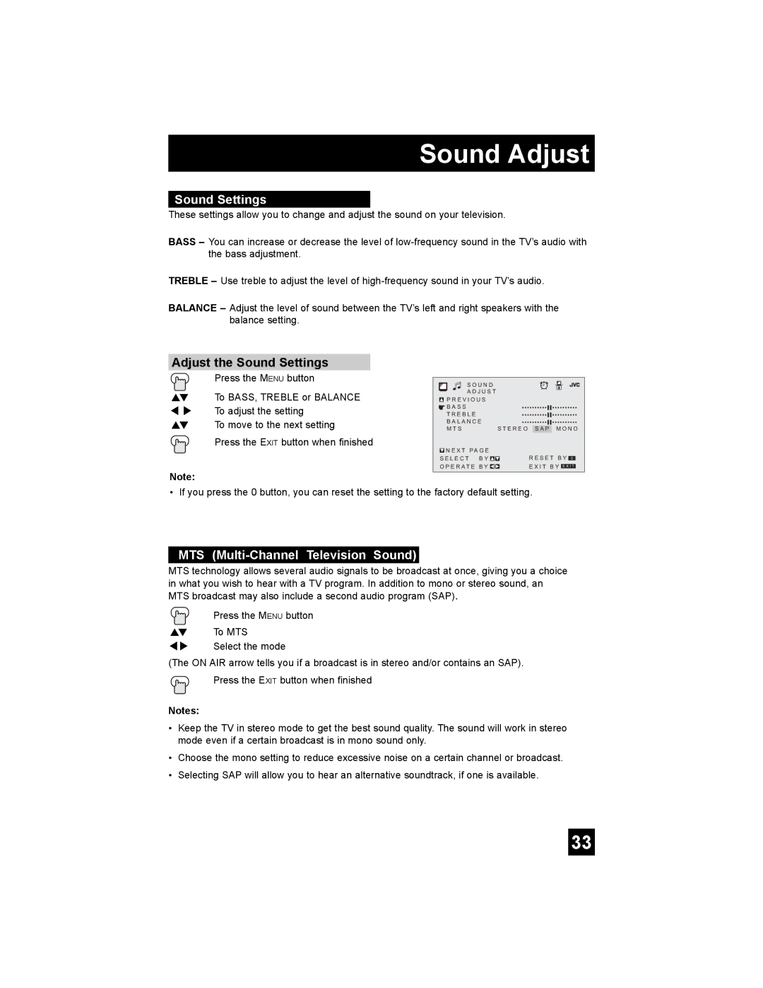 JVC AV-27WF36, AV-32CF36 manual Sound Adjust, Adjust the Sound Settings, MTS Multi-Channel Television Sound 