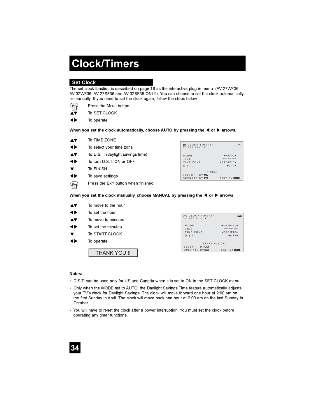 JVC AV-27WF36, V-32WF36, AV-27SF36, AV-32SF36, AV-27CF36, AV-32CF36 manual Clock/Timers, Set Clock 