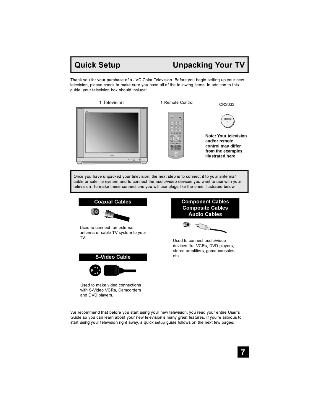 JVC AV-32CF36 Quick Setup Unpacking Your TV, Coaxial Cables, Video Cable, Component Cables Composite Cables Audio Cables 