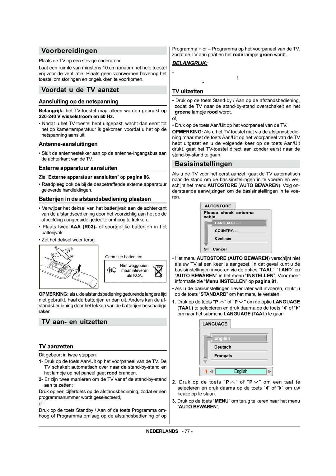 JVC AV-28BH8EPS, AV-28BH8EPB manual Voorbereidingen, Voordat u de TV aanzet, TV aan- en uitzetten, Basisinstellingen 