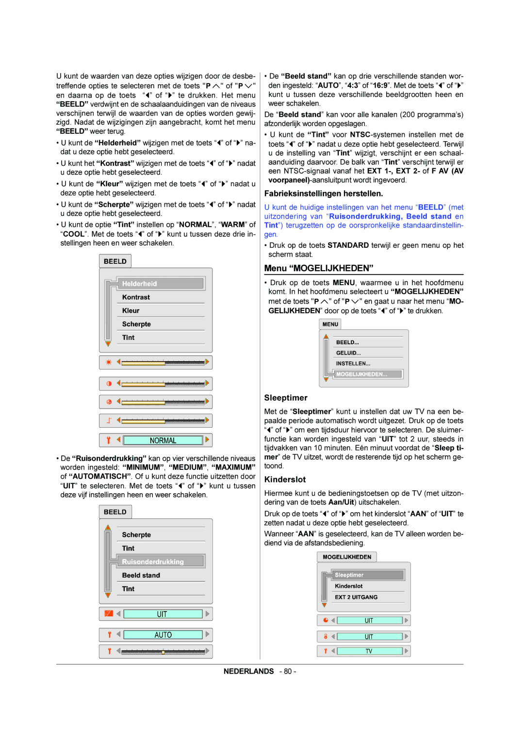 JVC AV-28BH8EPB, AV-28BH8EPS manual Menu Mogelijkheden, Fabrieksinstellingen herstellen, Sleeptimer, Kinderslot 