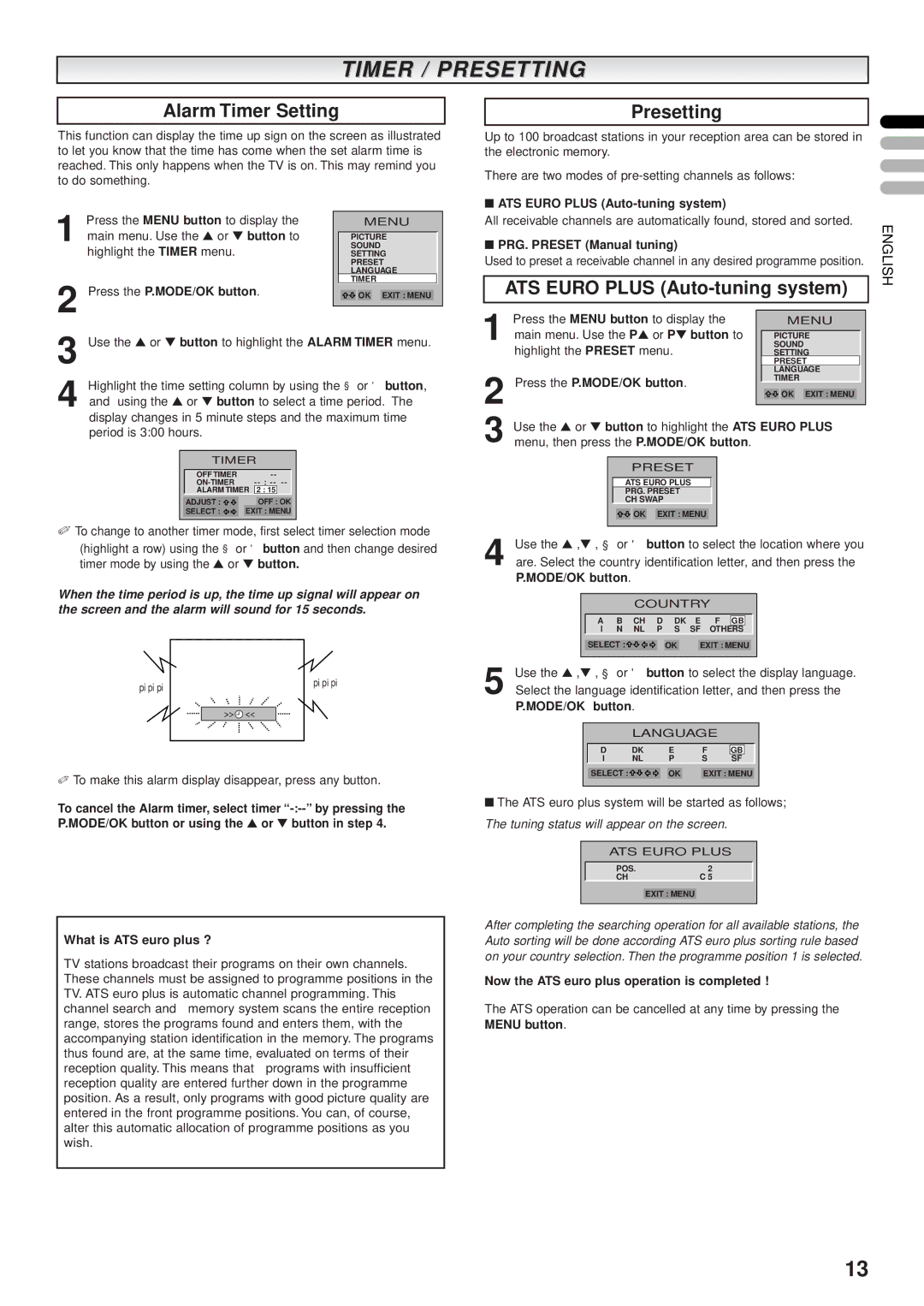 JVC AV-28BK5ECS, AV-28BK5ECB manual Timer / Presetting, Alarm Timer Setting, ATS Euro Plus Auto-tuning system 