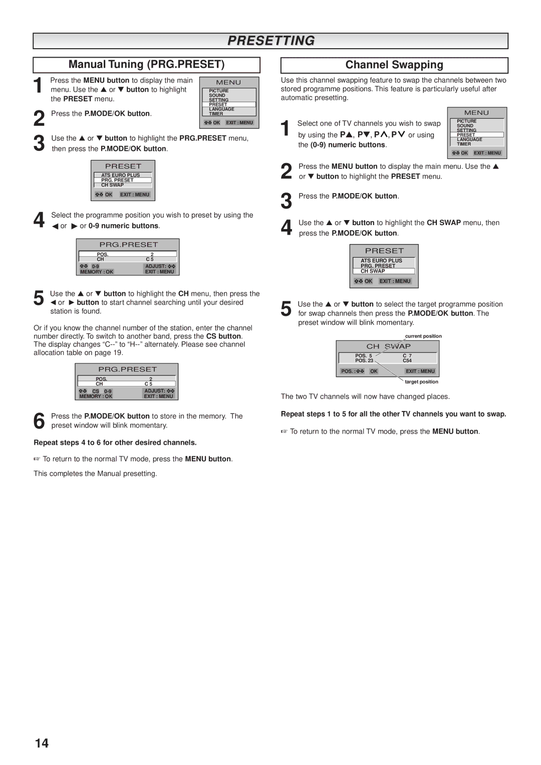 JVC AV-28BK5ECB, AV-28BK5ECS manual Presetting, Manual Tuning PRG.PRESET 