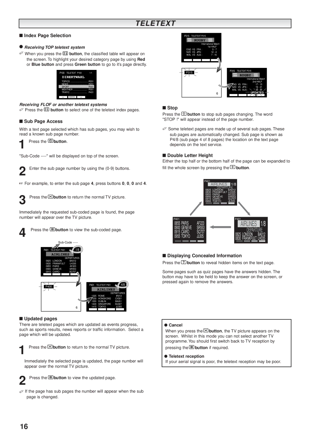 JVC AV-28BK5ECB manual Index Page Selection, Sub Page Access, Stop, Double Letter Height, Displaying Concealed Information 