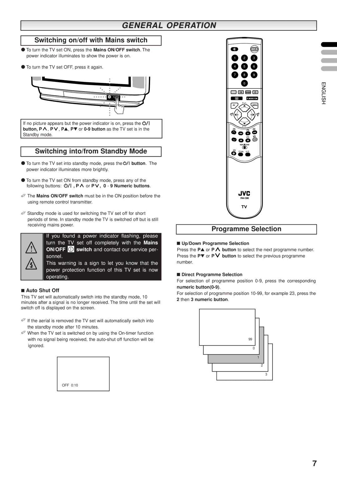 JVC AV-28BK5ECS General Operation, Switching on/off with Mains switch, Switching into/from Standby Mode, Auto Shut Off 