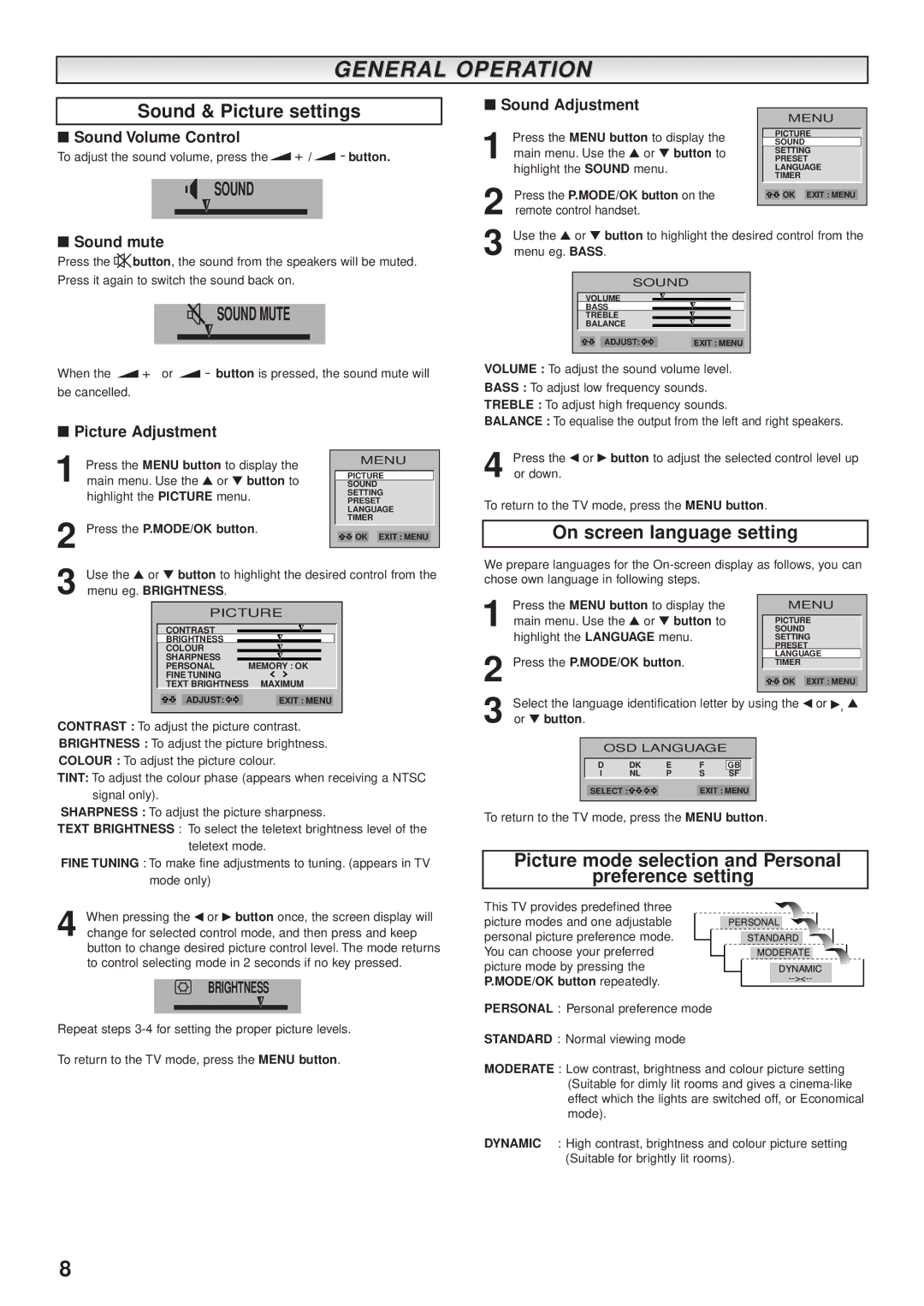 JVC AV-28BK5ECB, AV-28BK5ECS manual Sound & Picture settings, On screen language setting 