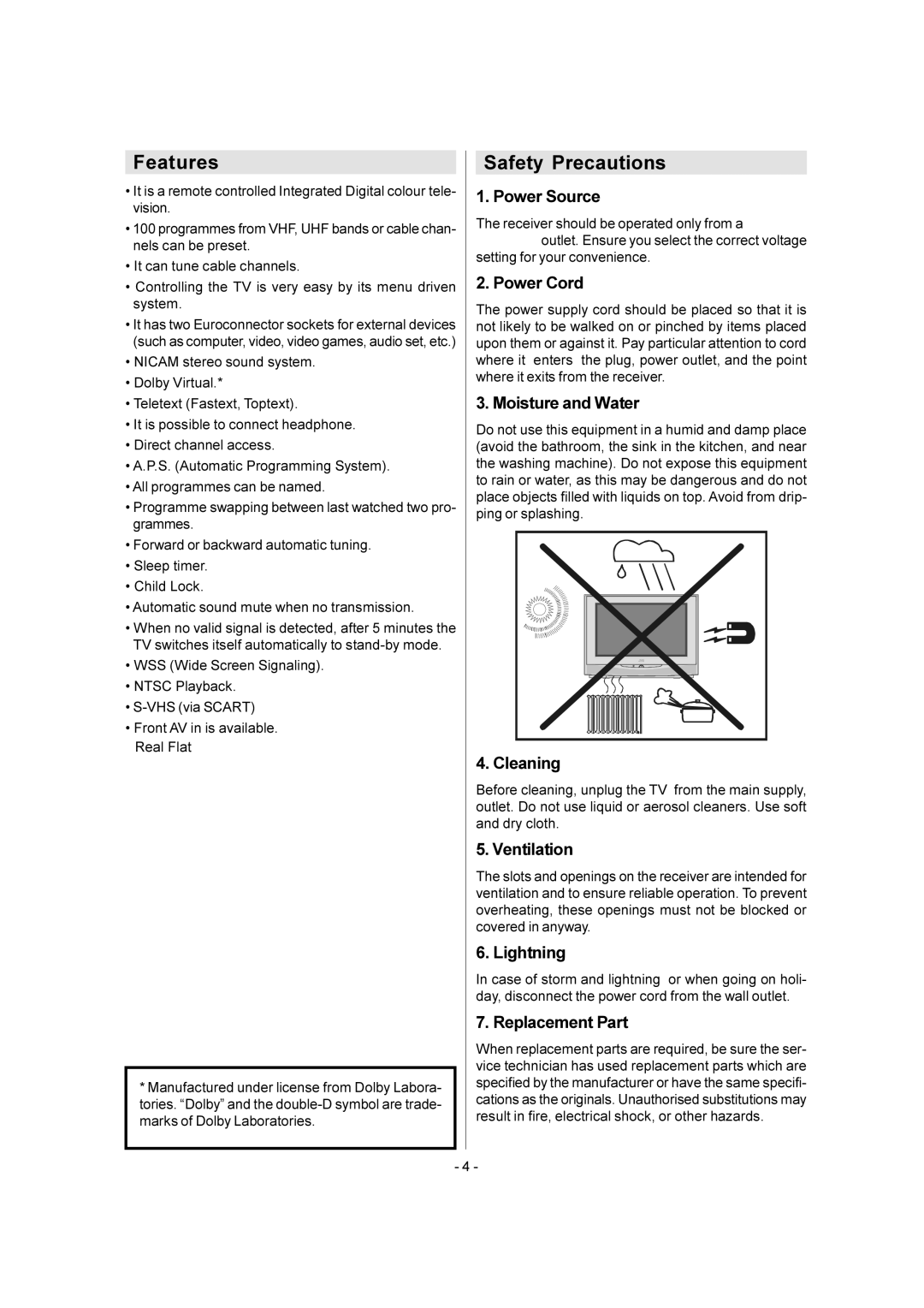 JVC AV-28E50SK, AV-32E50SK manual Features, Safety Precautions 