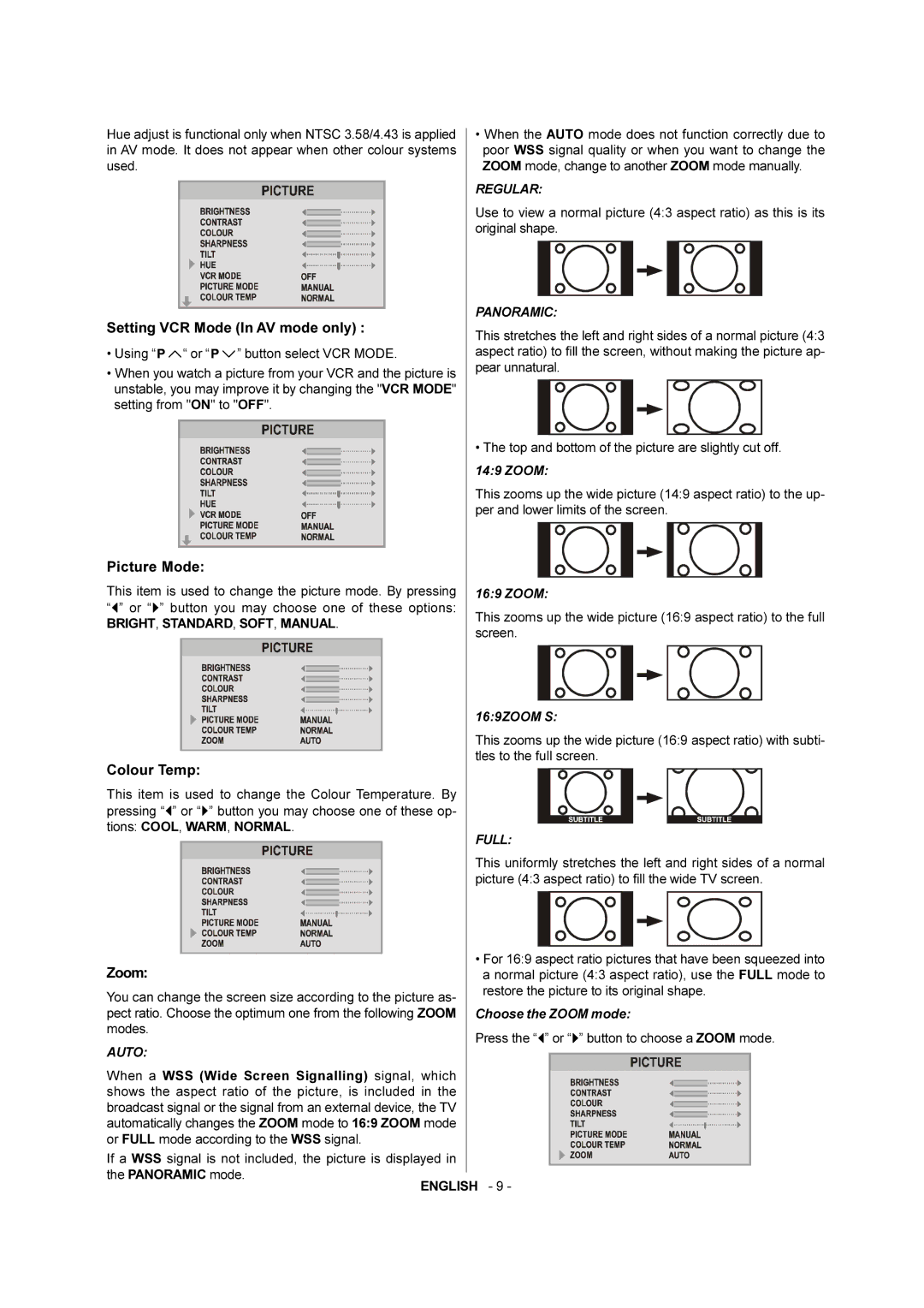 JVC AV-28F3SJ manual Colour Temp, Zoom 