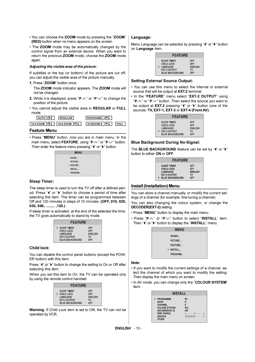 JVC AV-28F3SJ manual Feature Menu, Install Installation Menu 