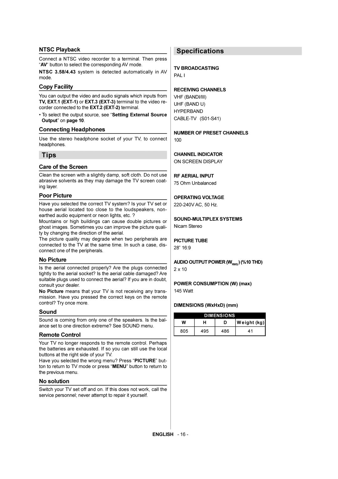 JVC AV-28F3SJ manual Tips, Specifications 