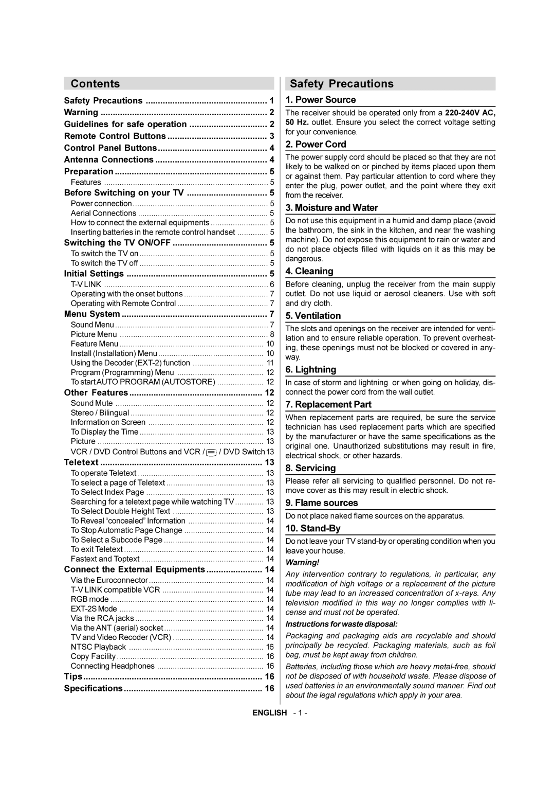 JVC AV-28F3SJ manual Contents, Safety Precautions 