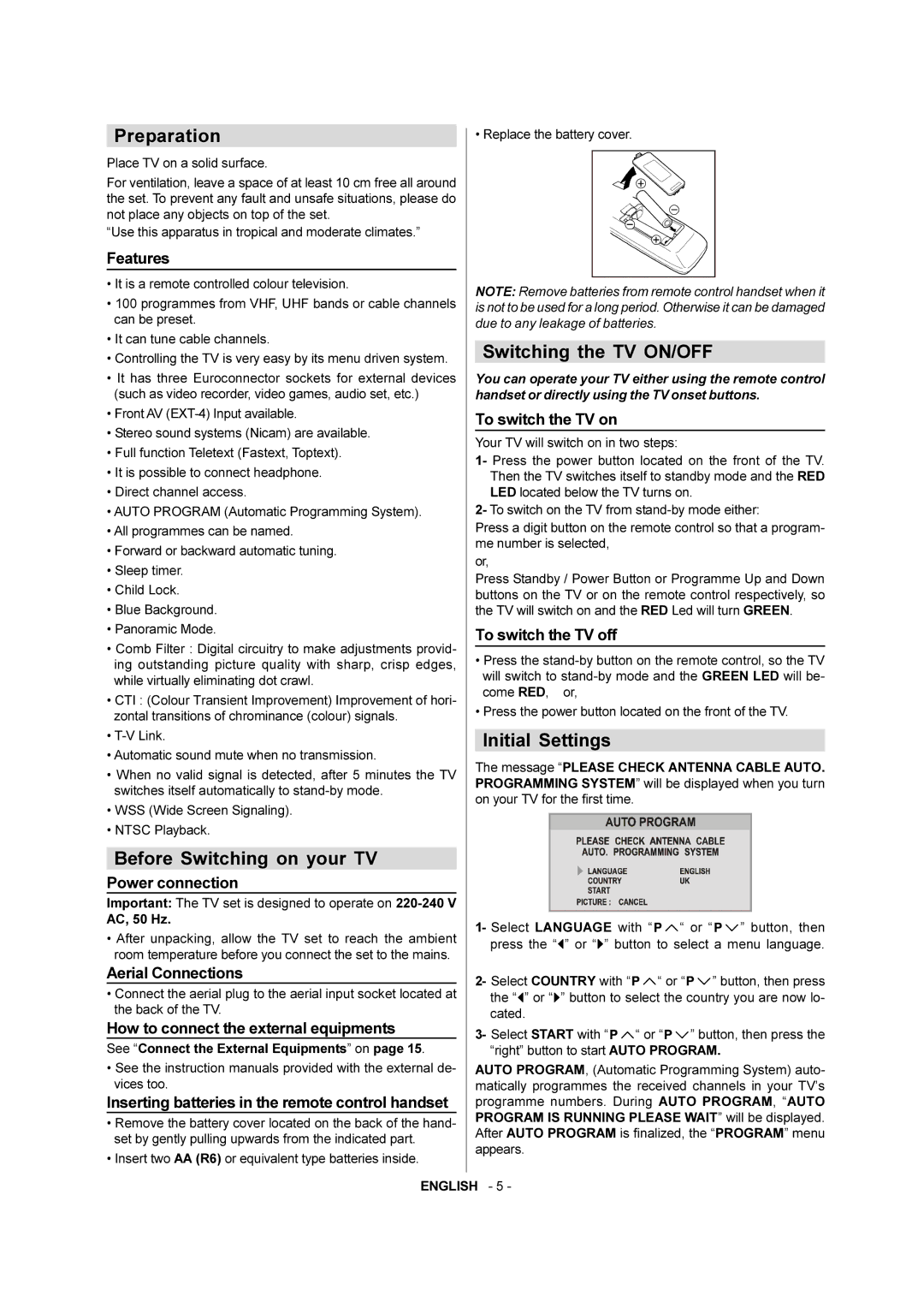 JVC AV-28F3SJ manual Preparation, Before Switching on your TV, Switching the TV ON/OFF, Initial Settings 