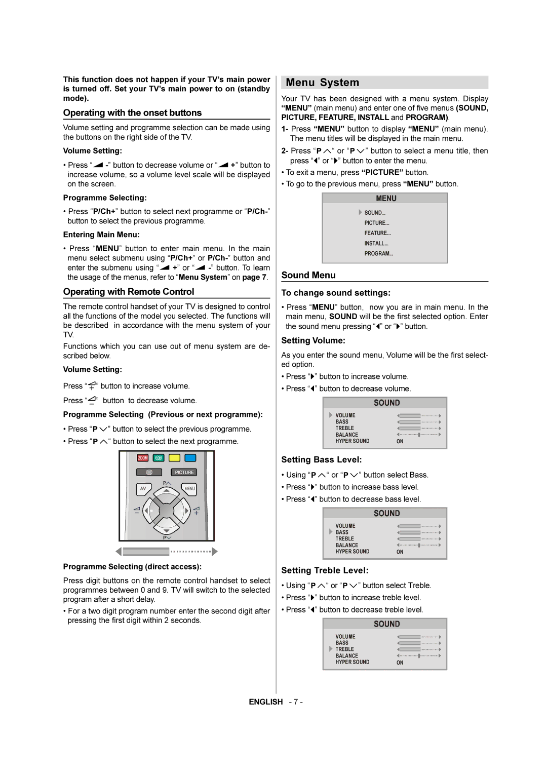 JVC AV-28F3SJ manual Menu System, Operating with the onset buttons, Operating with Remote Control, Sound Menu 