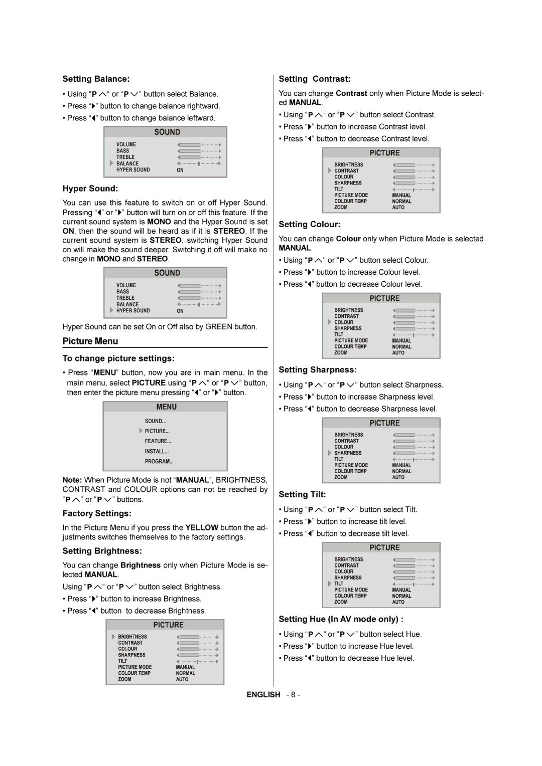 JVC AV-28F3SJ manual Picture Menu 