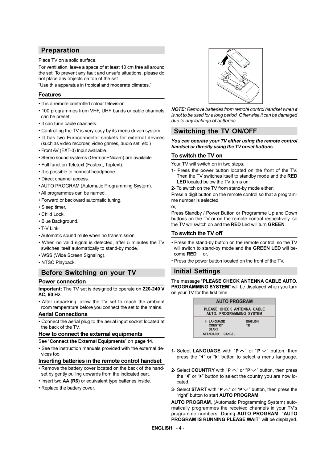 JVC AV-28KT1BUF, AV-28KT1SUF manual Switching the TV ON/OFF, Initial Settings, To switch the TV on, To switch the TV off 