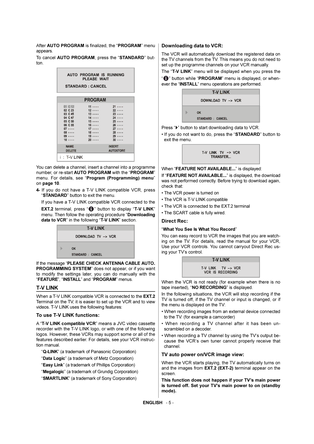 JVC AV-28KT1BUF, AV-28KT1SUF manual Direct Rec, To use T-V Link functions, TV auto power on/VCR image view 