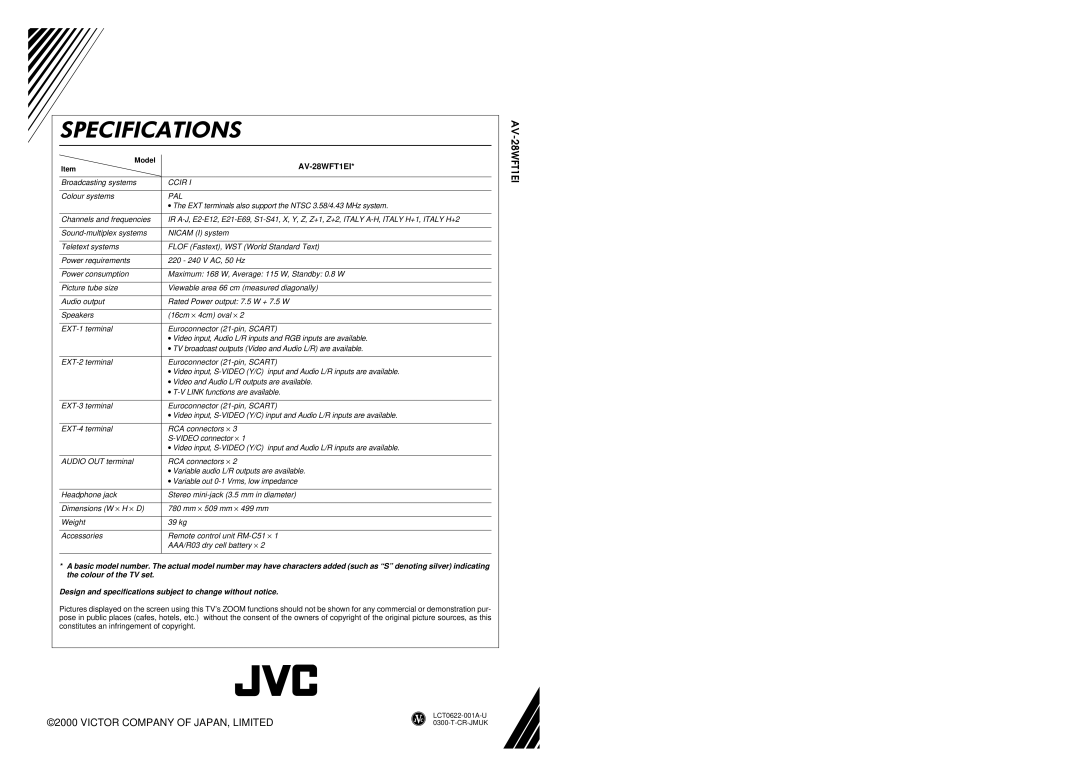 JVC AV-28WFT1EI, LCT0622-001A-U, 0300-T-CR-JMUK specifications 63&,,&$7,216 