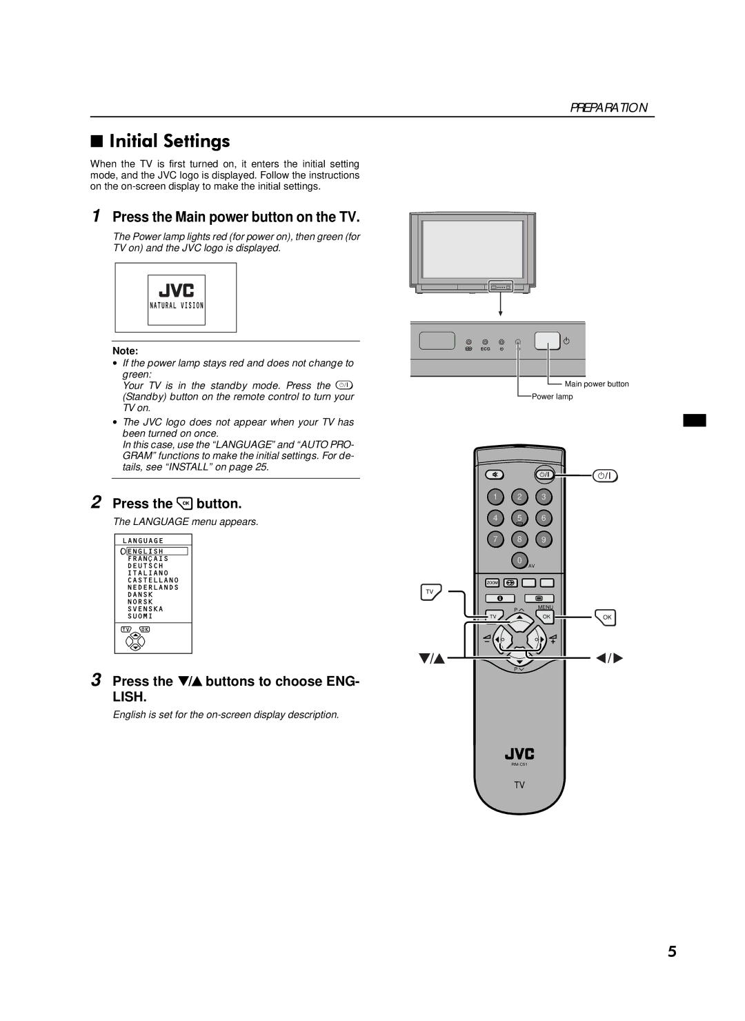 JVC 0300-T-CR-JMUK, AV-28WFT1EI, LCT0622-001A-U specifications QLWLDO#6HWWLQJV, Press the Main power button on the TV 