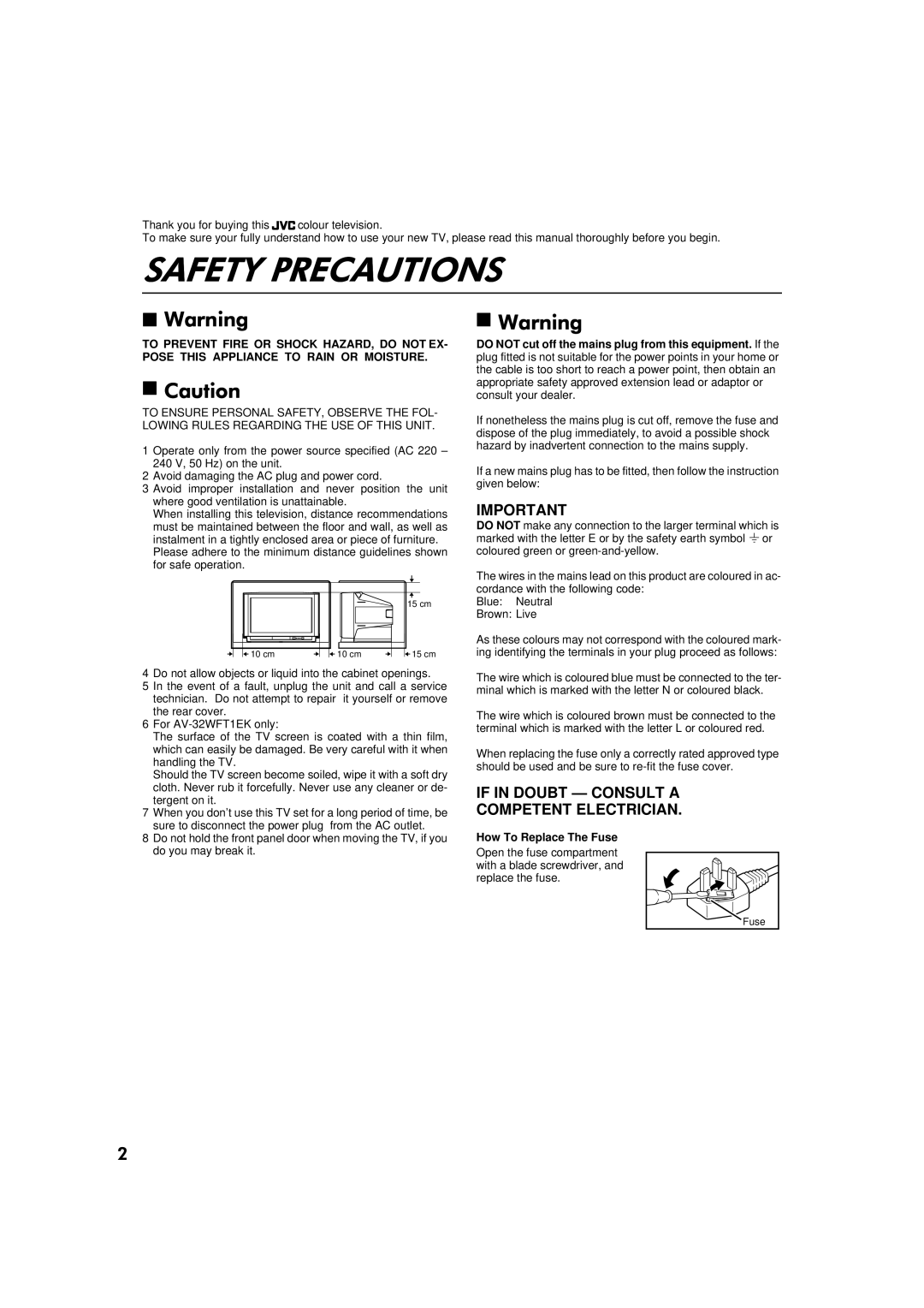 JVC AV-28WFT1EK, AV-32WFT1EK specifications If in Doubt Consult a Competent Electrician 