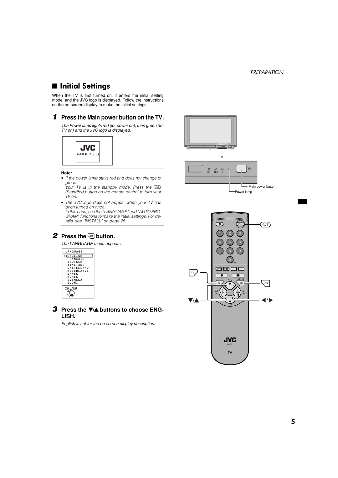 JVC AV-32WFT1EK, AV-28WFT1EK specifications Press the Main power button on the TV 