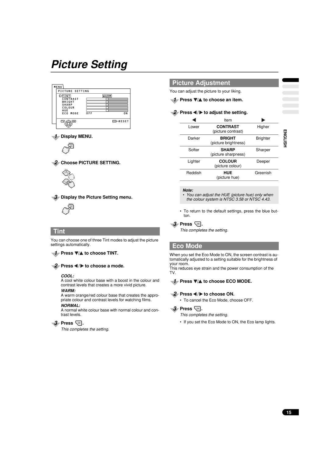 JVC AV-32WFX1EU, AV-28WFX1EU specifications Picture Setting, Picture Adjustment, Tint, Eco Mode 