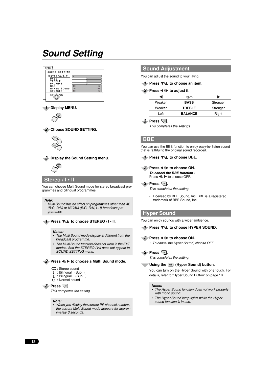 JVC AV-28WFX1EU, AV-32WFX1EU specifications Sound Setting, Stereo / I, Sound Adjustment, Hyper Sound 