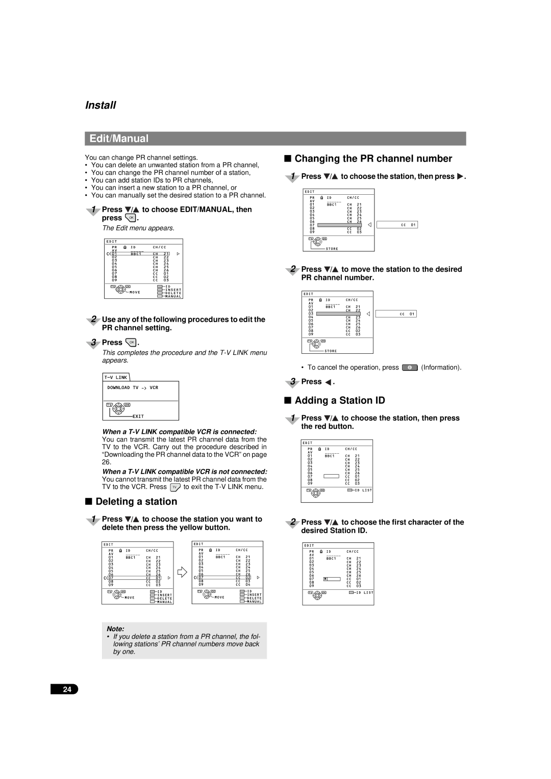 JVC AV-28WFX1EU, AV-32WFX1EU Install, Edit/Manual, Changing the PR channel number, Adding a Station ID, Deleting a station 