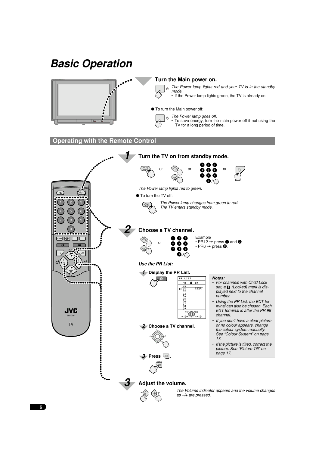 JVC AV-28WFX1EU, AV-32WFX1EU specifications Basic Operation, Operating with the Remote Control 