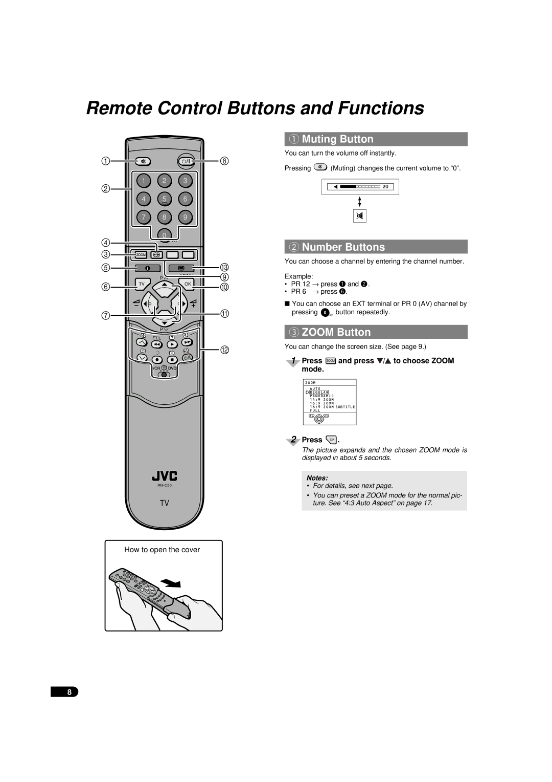 JVC AV-28WFX1EU, AV-32WFX1EU specifications Remote Control Buttons and Functions, Muting Button, Number Buttons, Zoom Button 