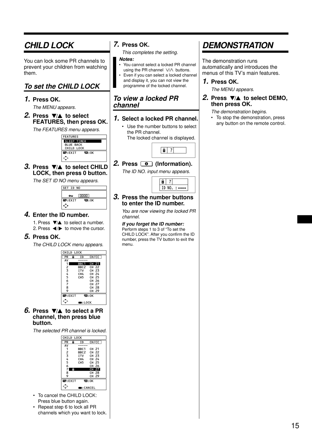 JVC AV-24WT2EK, AV-28WT2EK specifications Demonstration, To set the Child Lock, To view a locked PR channel 