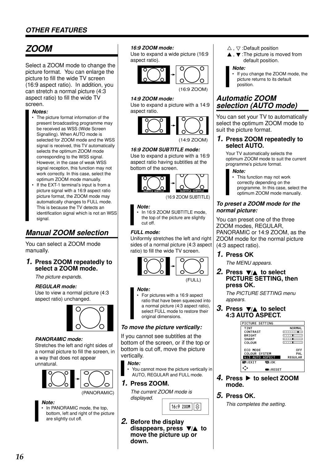 JVC AV-28WT2EK, AV-24WT2EK specifications Manual Zoom selection, Automatic Zoom selection Auto mode 