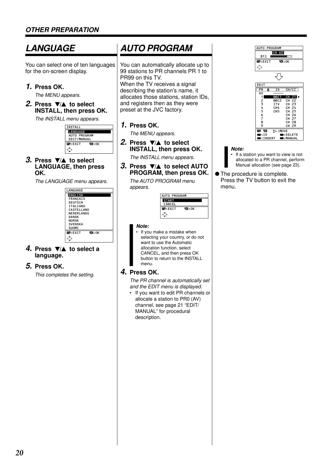 JVC AV-28WT2EK Language, Auto Program, Press / to select INSTALL, then press OK, Press / to select LANGUAGE, then press OK 