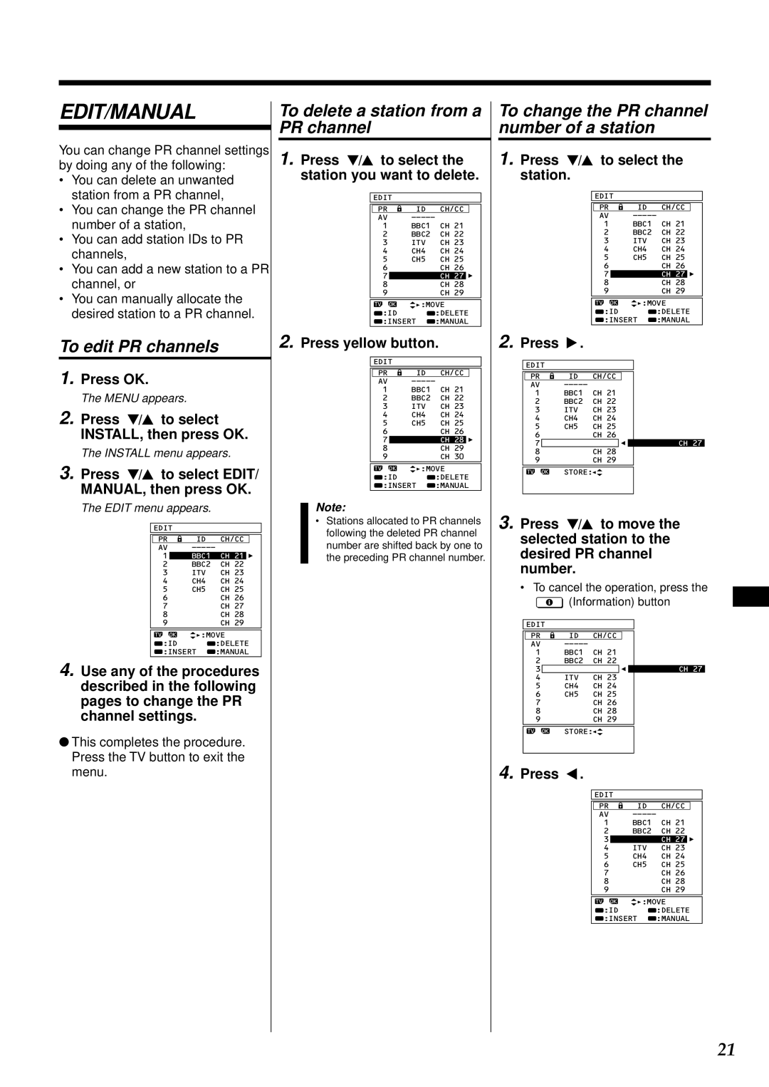 JVC AV-24WT2EK, AV-28WT2EK specifications Edit/Manual, To edit PR channels, To delete a station from a PR channel 