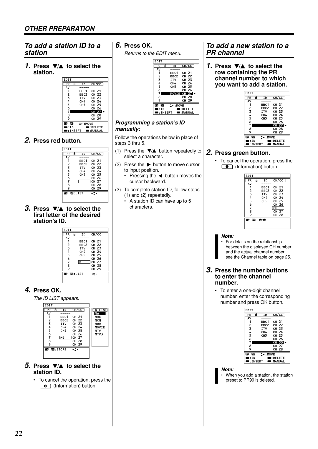 JVC AV-28WT2EK, AV-24WT2EK specifications To add a station ID to a station, To add a new station to a PR channel 