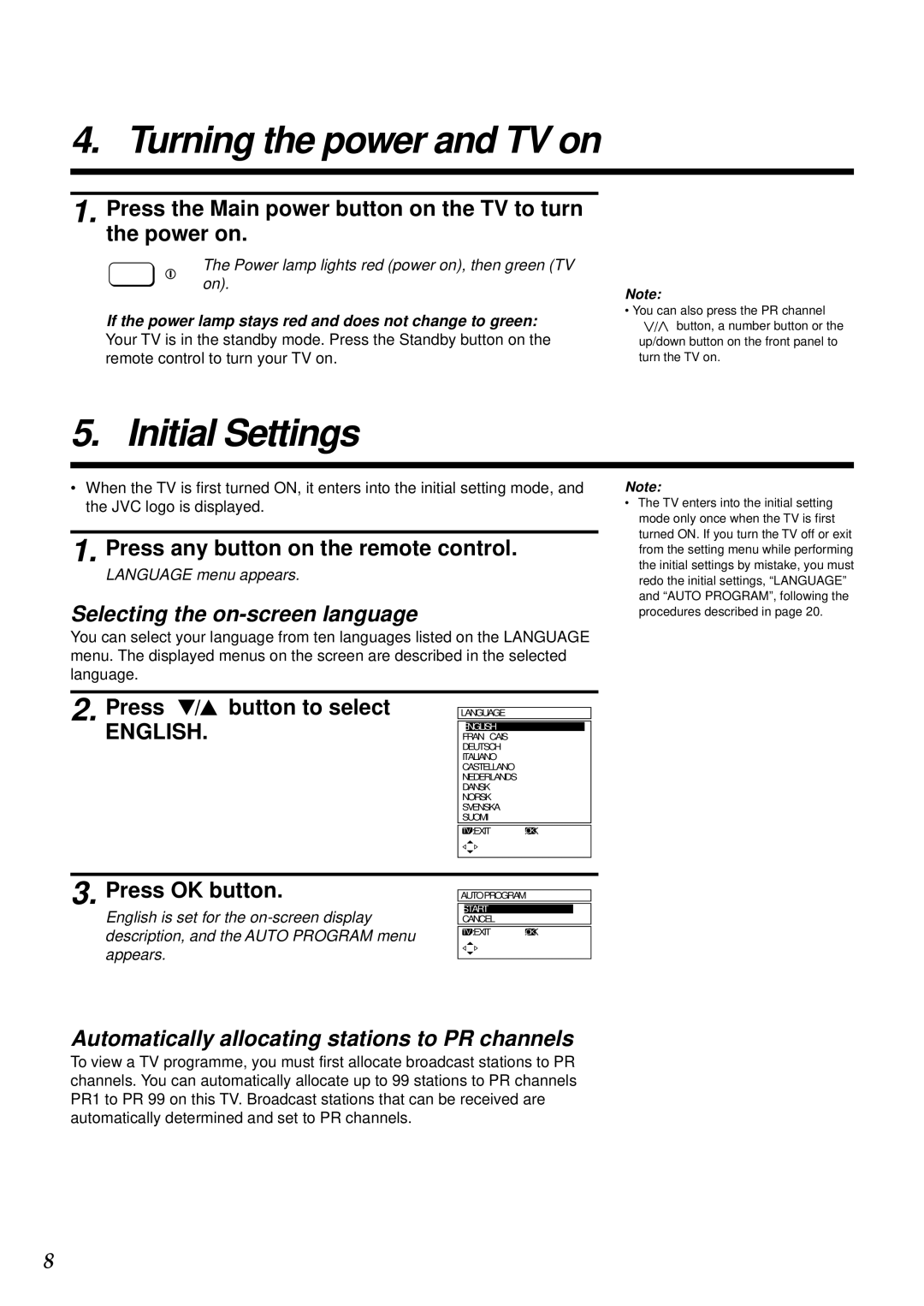 JVC AV-28WT2EK, AV-24WT2EK specifications Turning the power and TV on, Initial Settings 