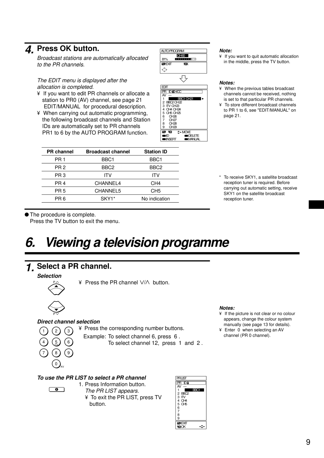 JVC AV-24WT2EK, AV-28WT2EK Viewing a television programme, Select a PR channel, Selection, Direct channel selection 