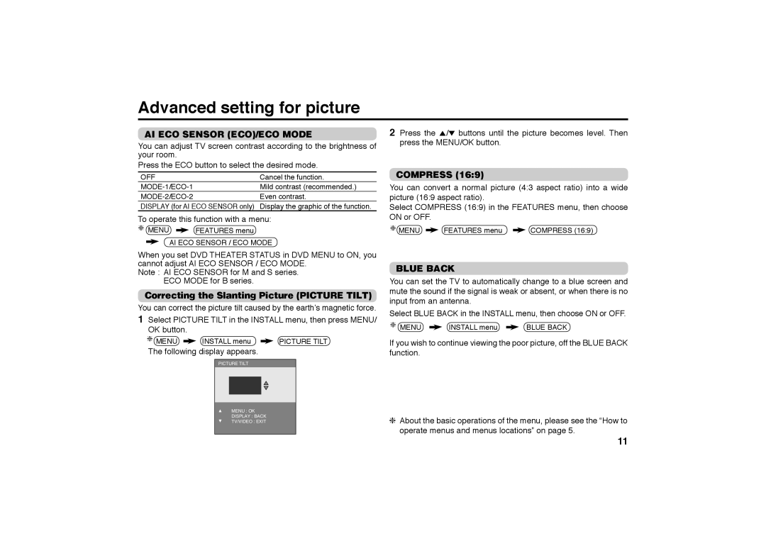 JVC AV-2988SE Advanced setting for picture, AI ECO Sensor ECO/ECO Mode, Correcting the Slanting Picture Picture Tilt 