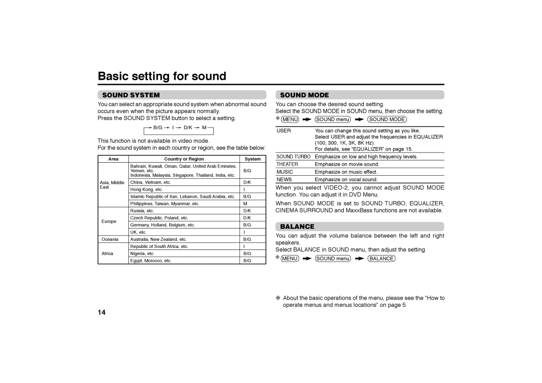 JVC AV-2988SE specifications Basic setting for sound, Sound System, Sound Mode, Balance 