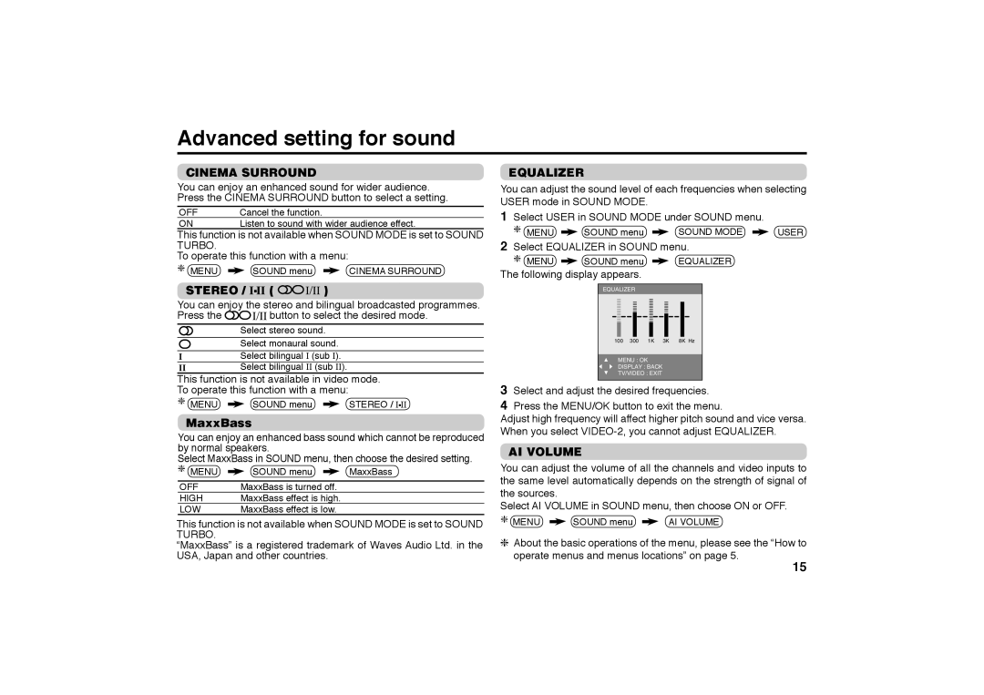 JVC AV-2988SE specifications Advanced setting for sound, Cinema Surround, Stereo, MaxxBass, Equalizer 